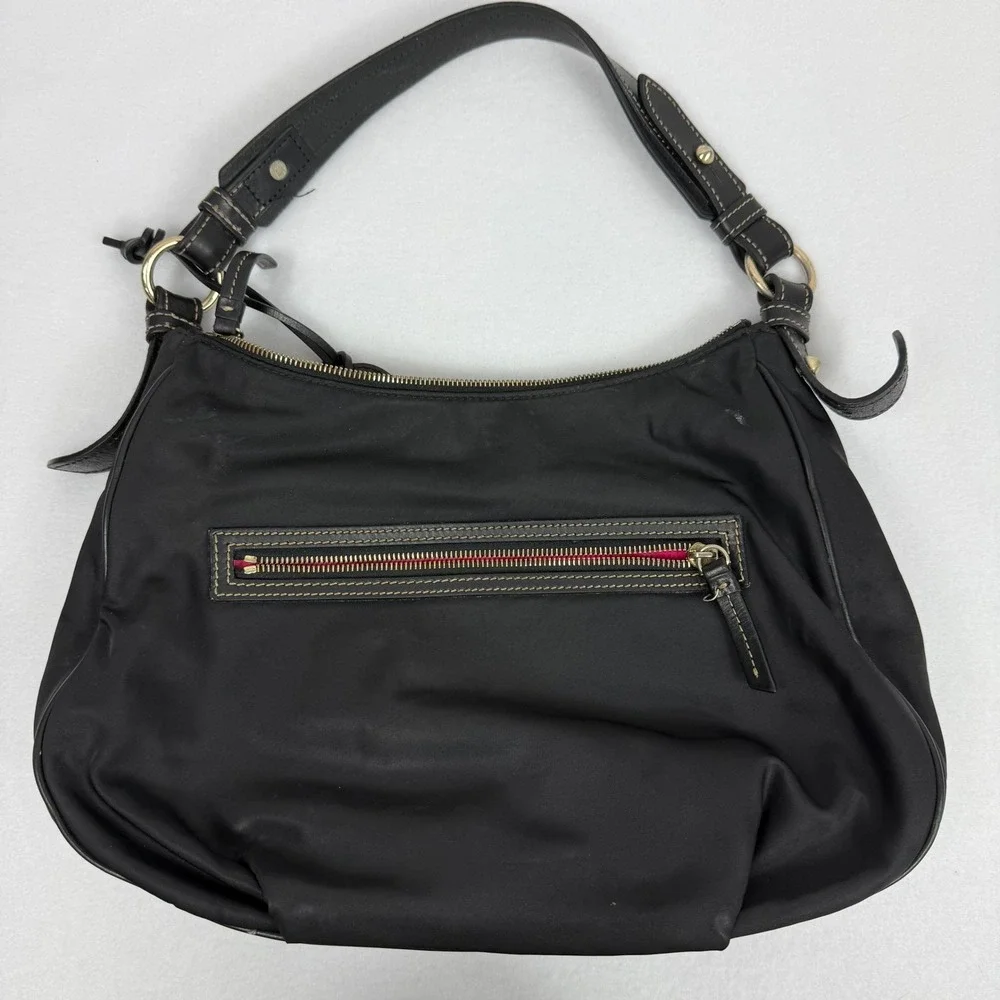 DOONEY & BOURKE Black Nylon Hobo Shoulder Bag Leather trim pink lining READ‎